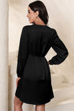 Lace Trim V Neck Tie Waist Long Sleeve Dress