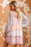 Floral Colorblock Tiered Puff Sleeve Dress