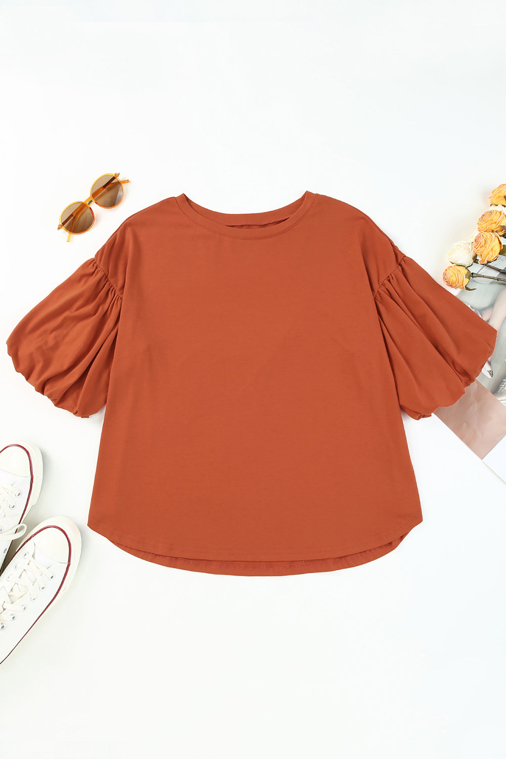 Joint Bubble Sleeve Round Neck Blouse