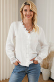 White Lace Crochet Trim Deep V Neck Textured Blouse