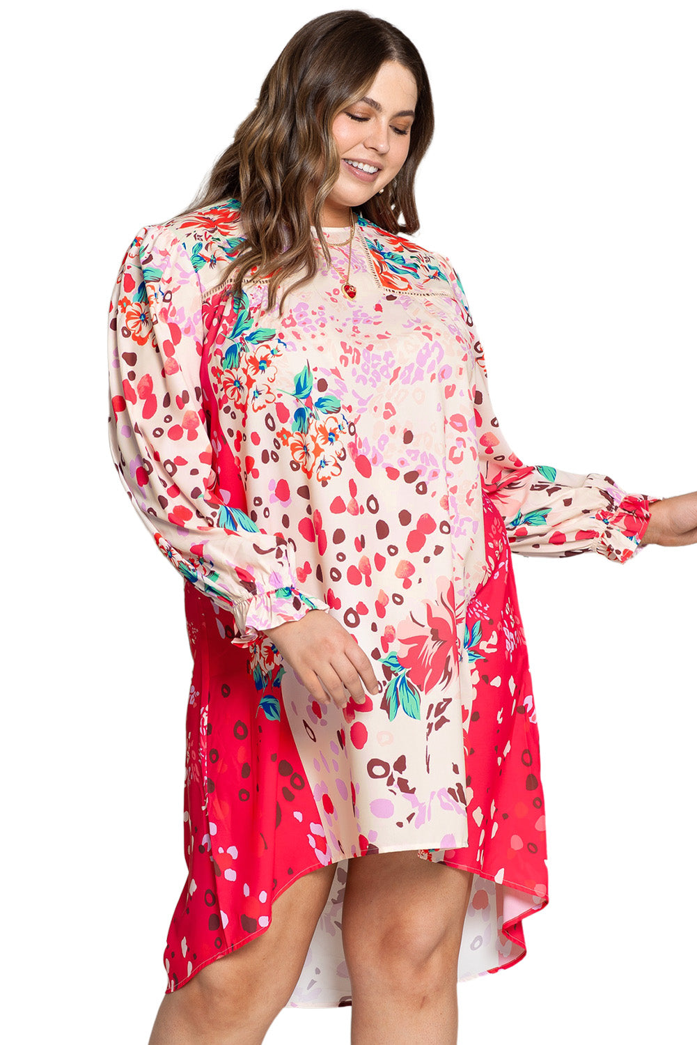 Robe Droite Rose Florale à Manches Longues Grande Taille