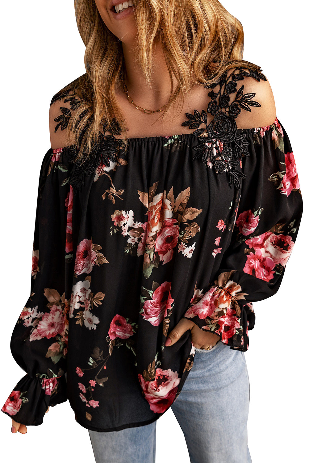 Floral Print Lace Patchwork Loose Cold Shoulder Blouse