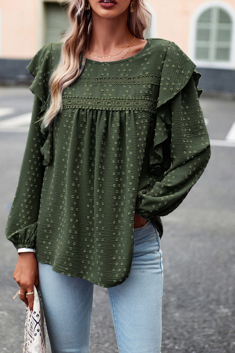 Blackish Green Lace Eyelet Ruffle Shoulder Long Sleeve Blouse