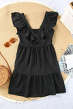 Ruffle Trim V Neck Smocking Back Mini Dress