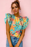 Multicolor Vibrant Floral Print Trimmed Ruffle Sleeve Blouse