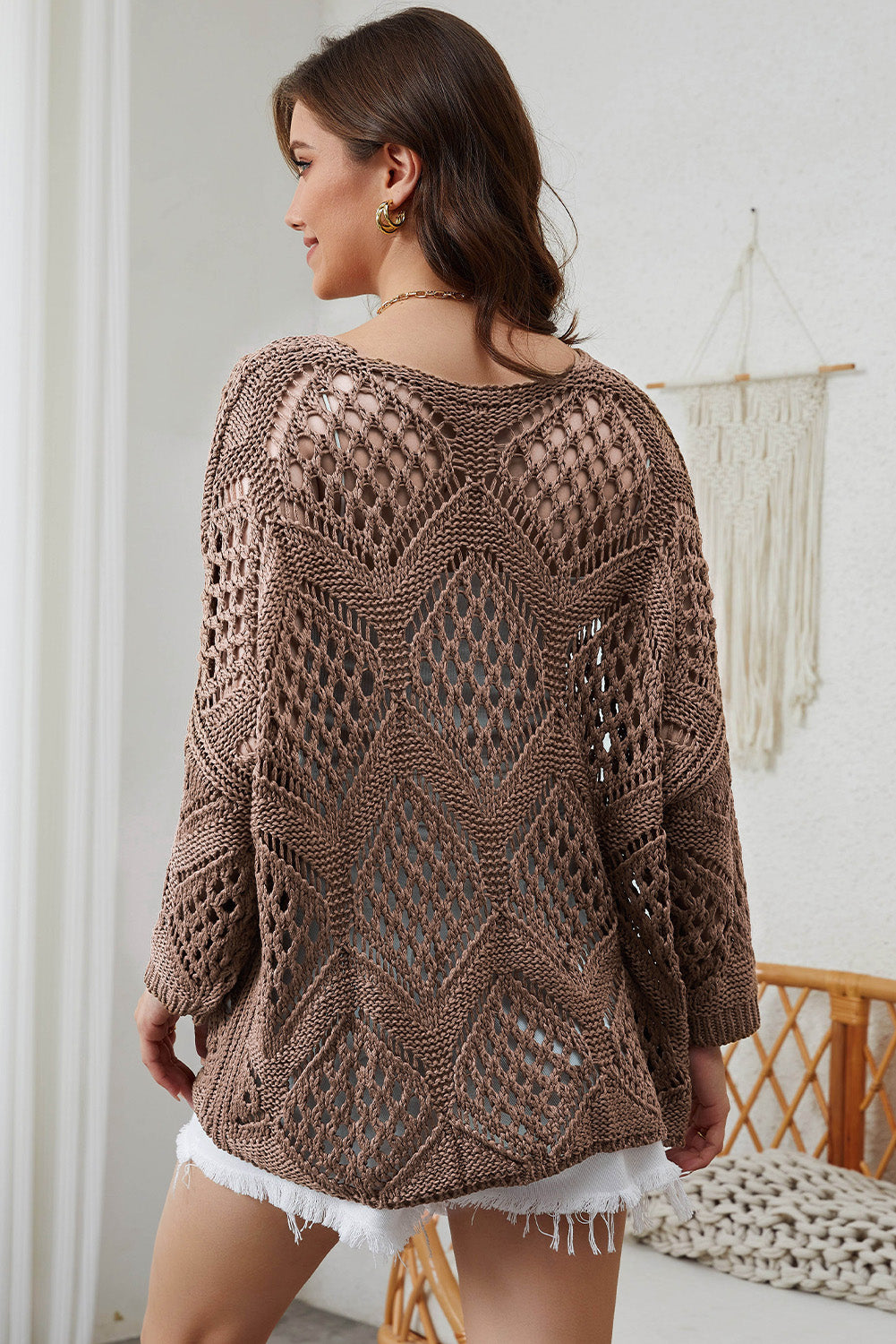 Hollowed Knit V Neck Dolman Sleeve Sweater