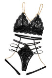 3pcs Gold Chain Decor Lace Strappy Gartered Lingerie Set