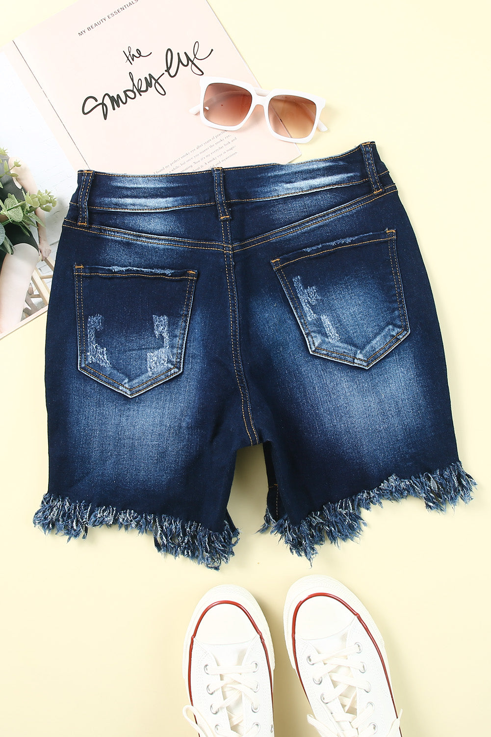 Short en jean coupe skinny bleu taille haute effet vieilli 