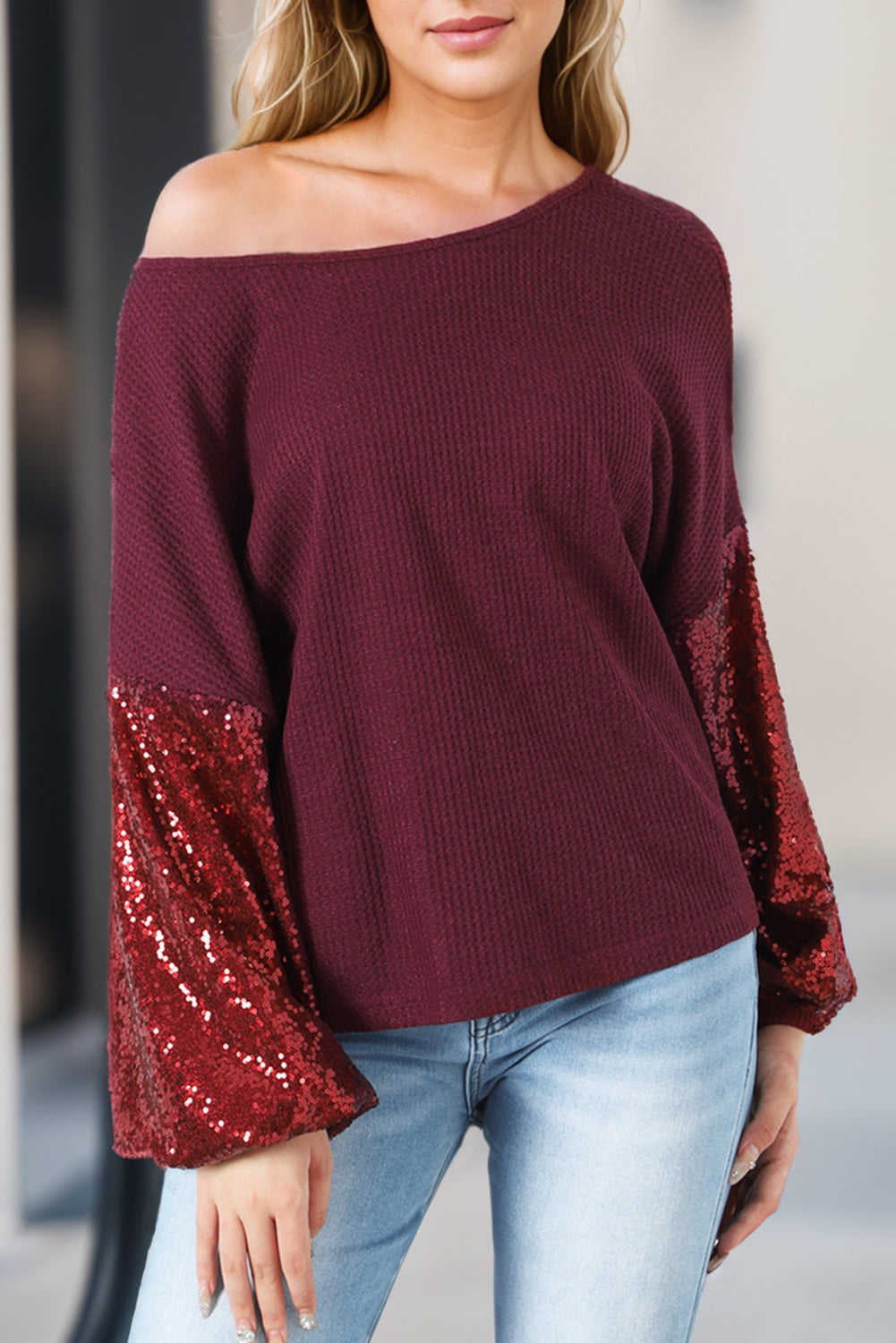 Sequin Patchwork Sleeve Open Back Waffle Knit Top