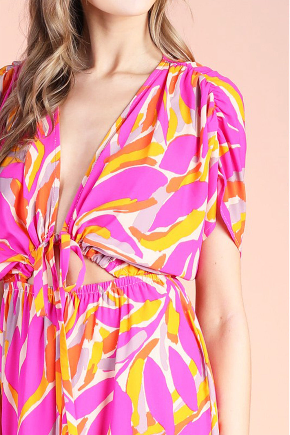 Tropical Leafy Print Drawstring V Neck Midi Dress