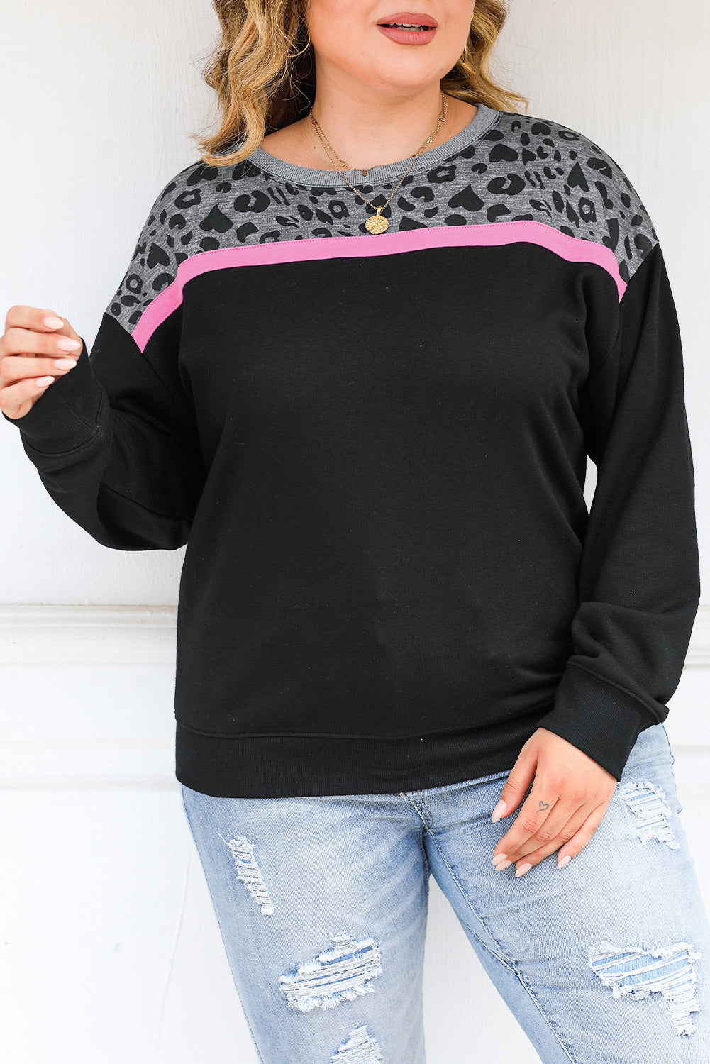 Leopard Colorblock Long Sleeve Plus Size Top