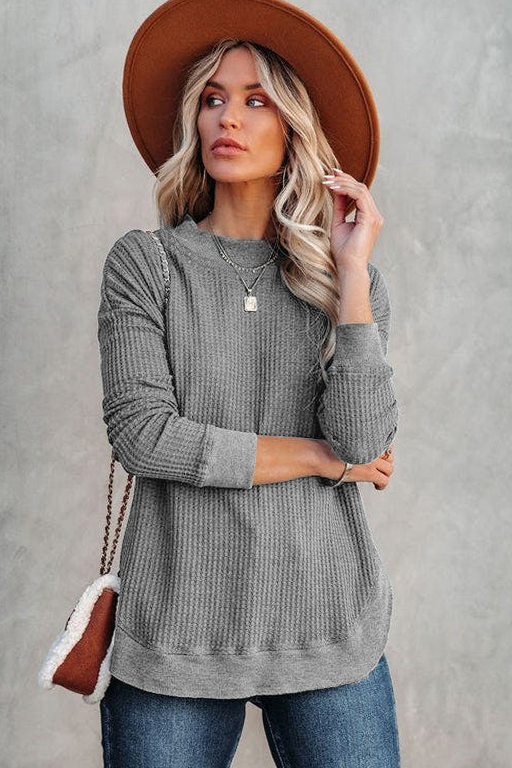 Crew Neck Ribbed Trim Waffle Knit Top