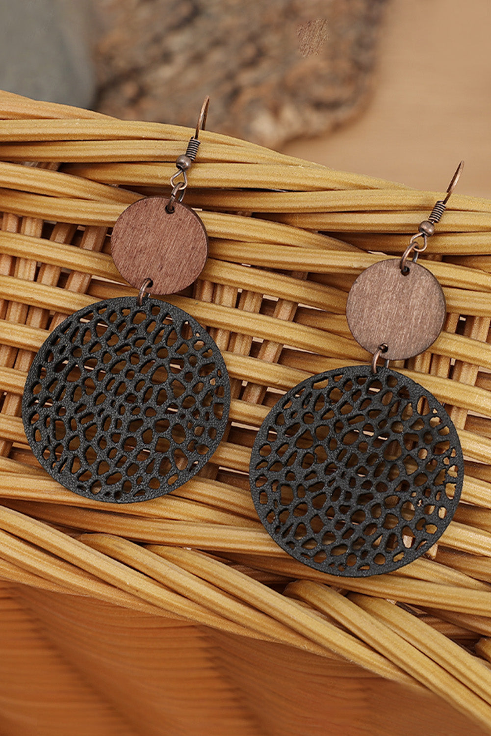 Hollow Out Wooden Round Drop Earrings