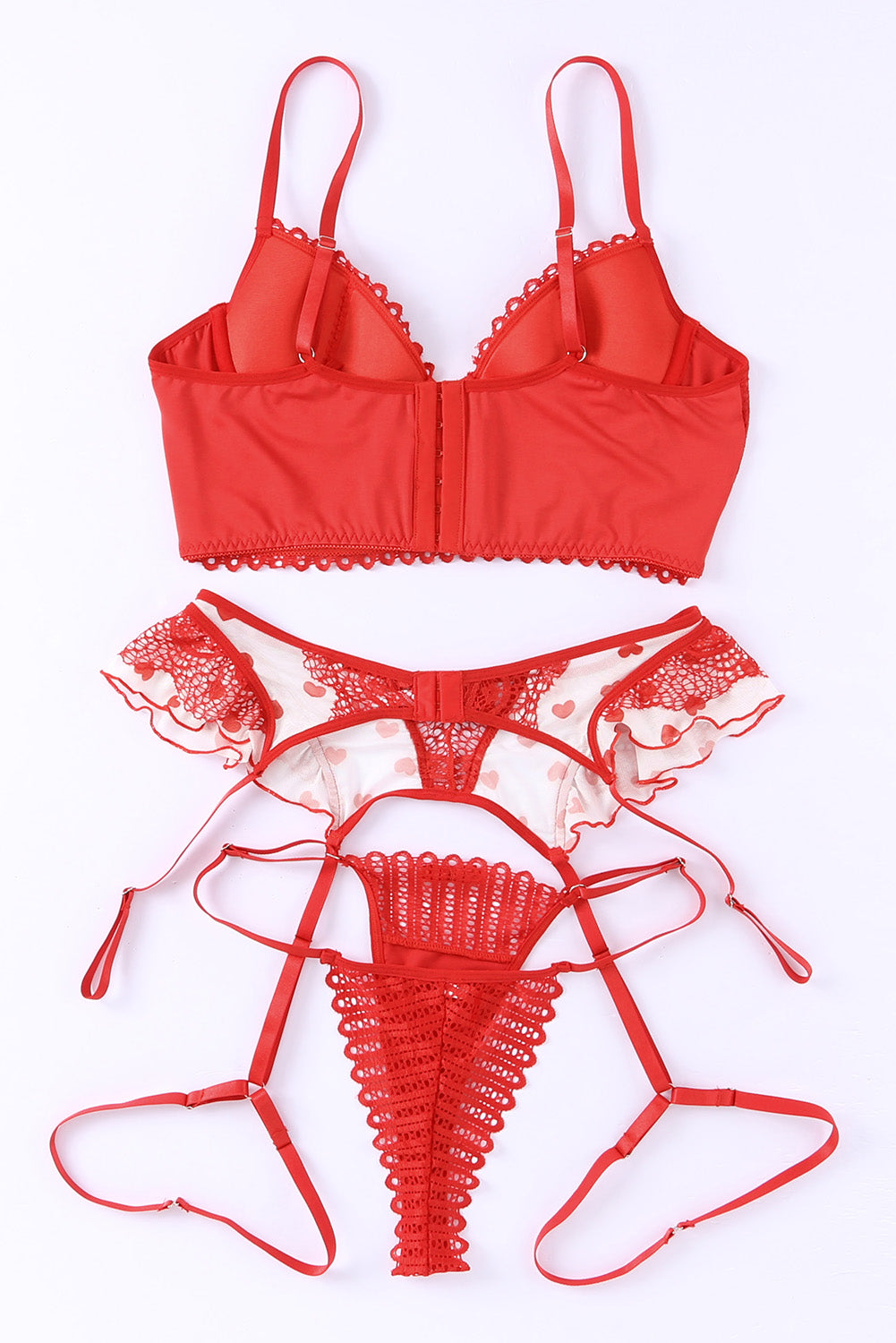 3pcs Heart Print Mesh Splice Sexy Lingerie Set