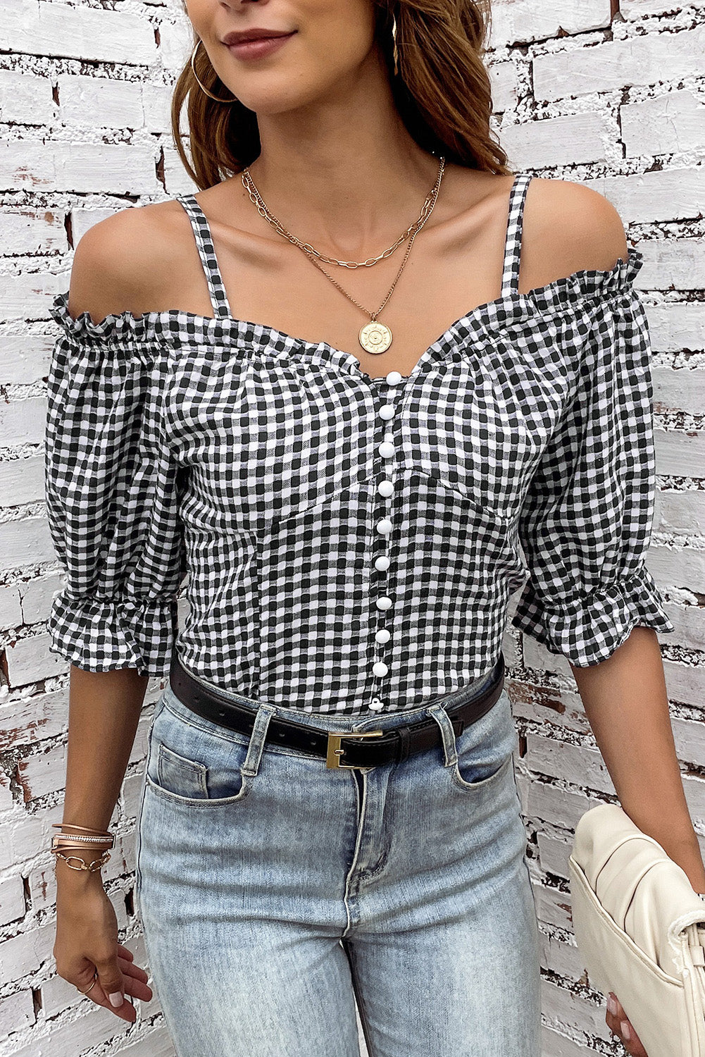 Sweetheart Gingham Button Down Cold Shoulder Blouse