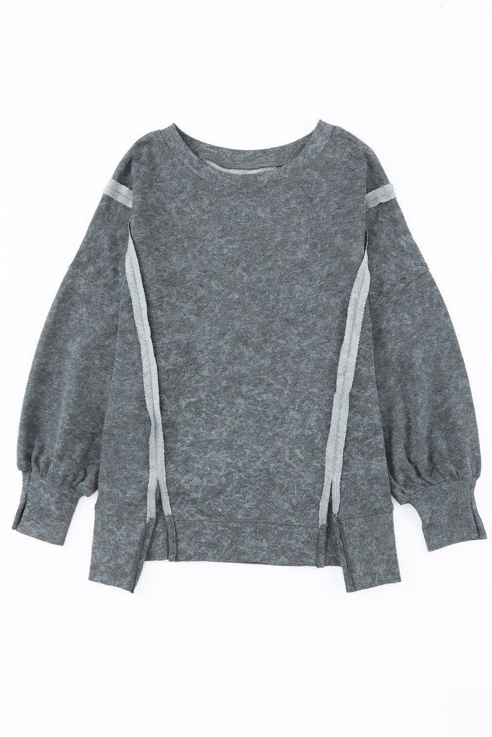 Acid Wash Relaxed Fit Seamed Pullover Sweatshirt with Slits