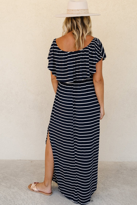 Striped Print Ruffled High Waist Maxi Dress with Side Splits