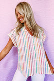 Multicolor Striped Pintuck Tiered Cap Sleeve Blouse