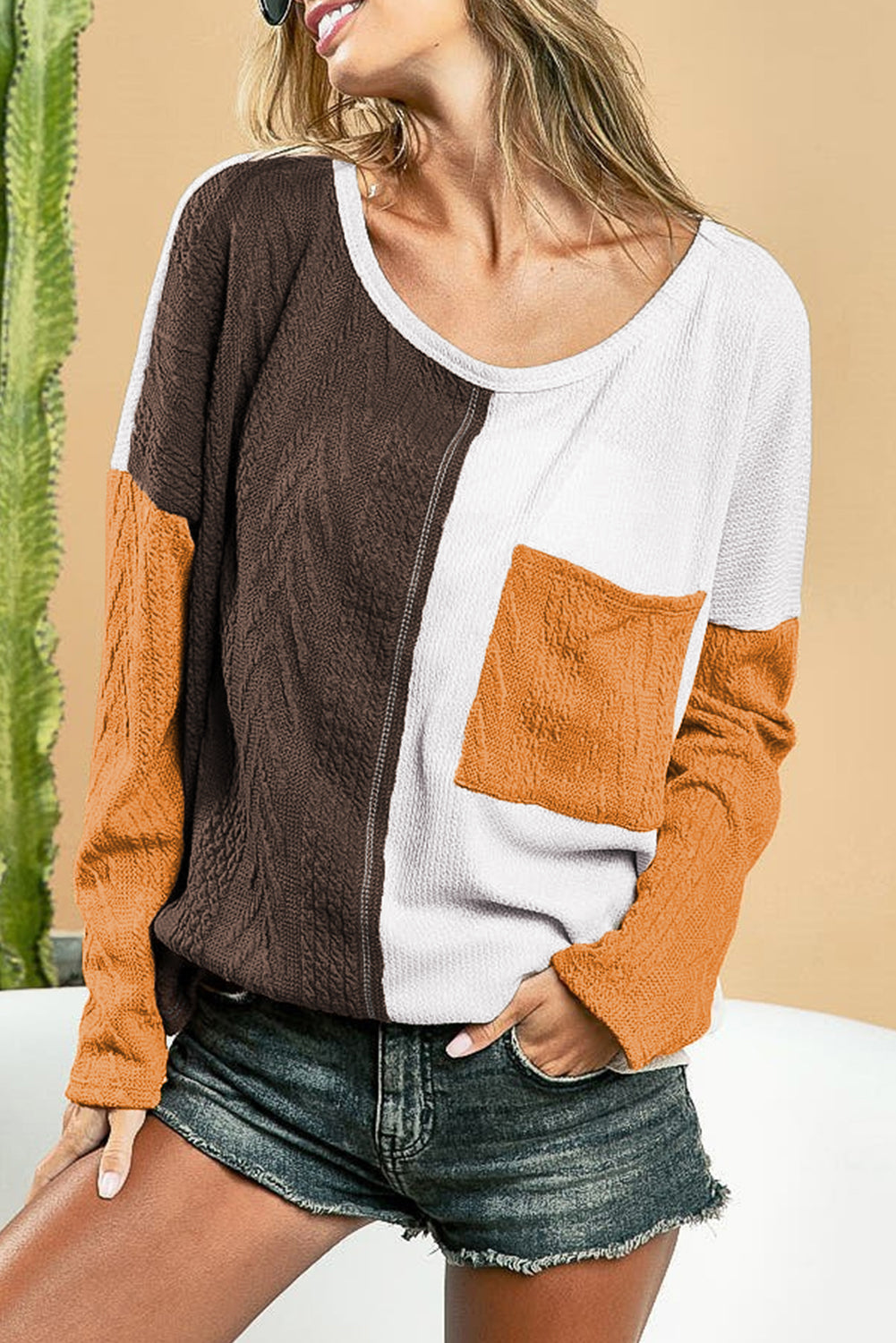 Orange Long Sleeve Colorblock Chest Pocket Textured Knit Top