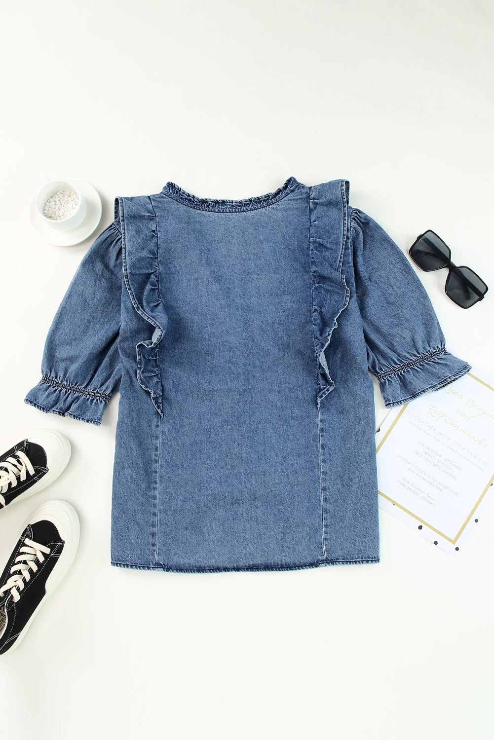 Ruffle Trim Half Sleeve Denim Shirt