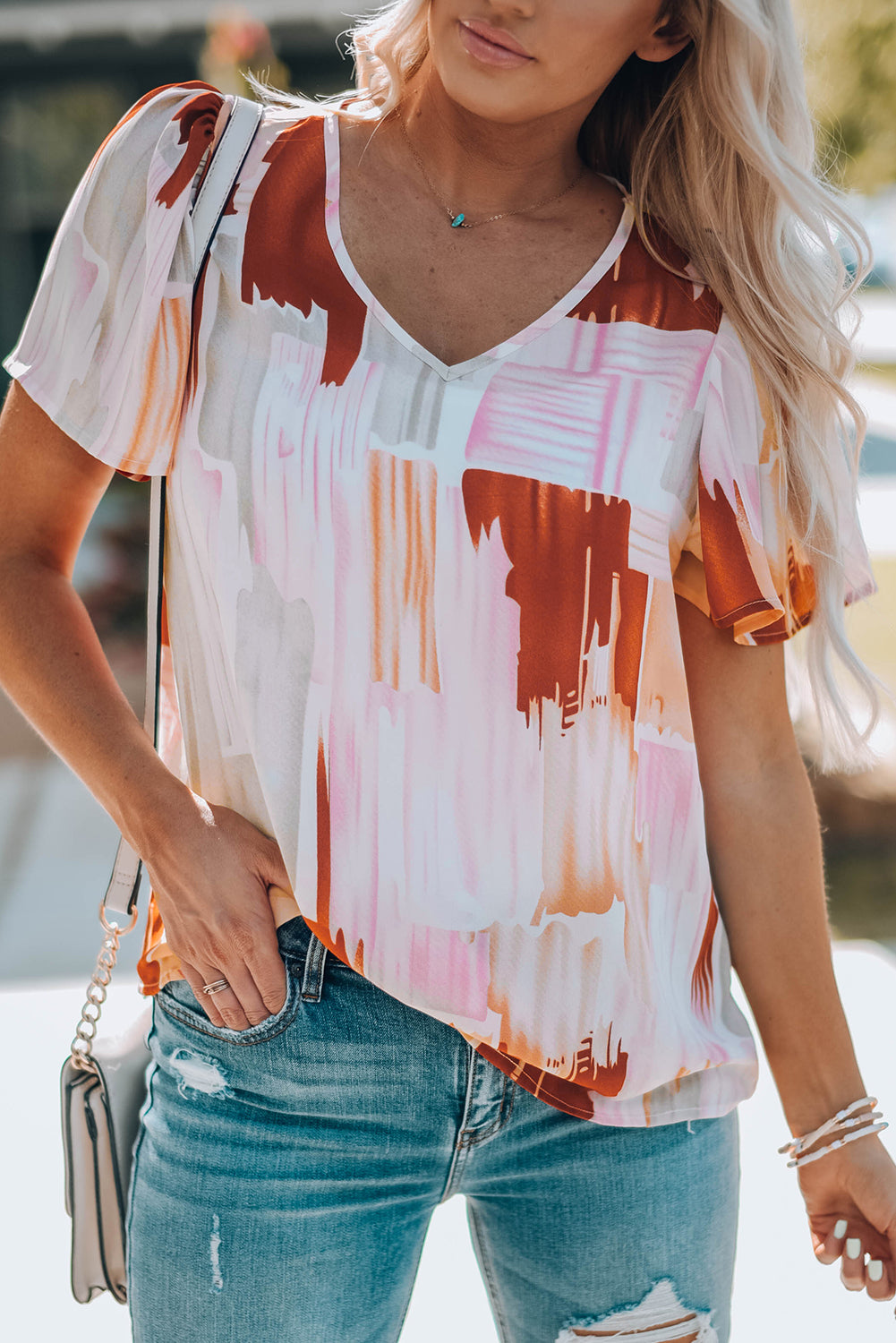 Color Block Ruffled Short Sleeve V Neck T-shirt