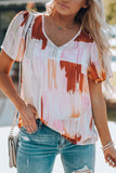 Color Block Ruffled Short Sleeve V Neck T-shirt