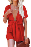 Plunge V Neck Knotted Short Sleeves Romper