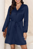 Lace Trim V Neck Tie Waist Long Sleeve Dress