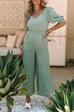 V Neck Puff Sleeve Hollow out Wide Leg Jumpsuit