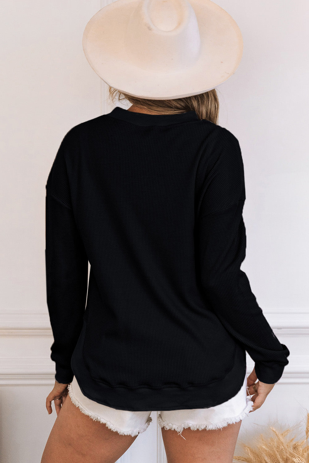 Crew Neck Ribbed Trim Waffle Knit Top