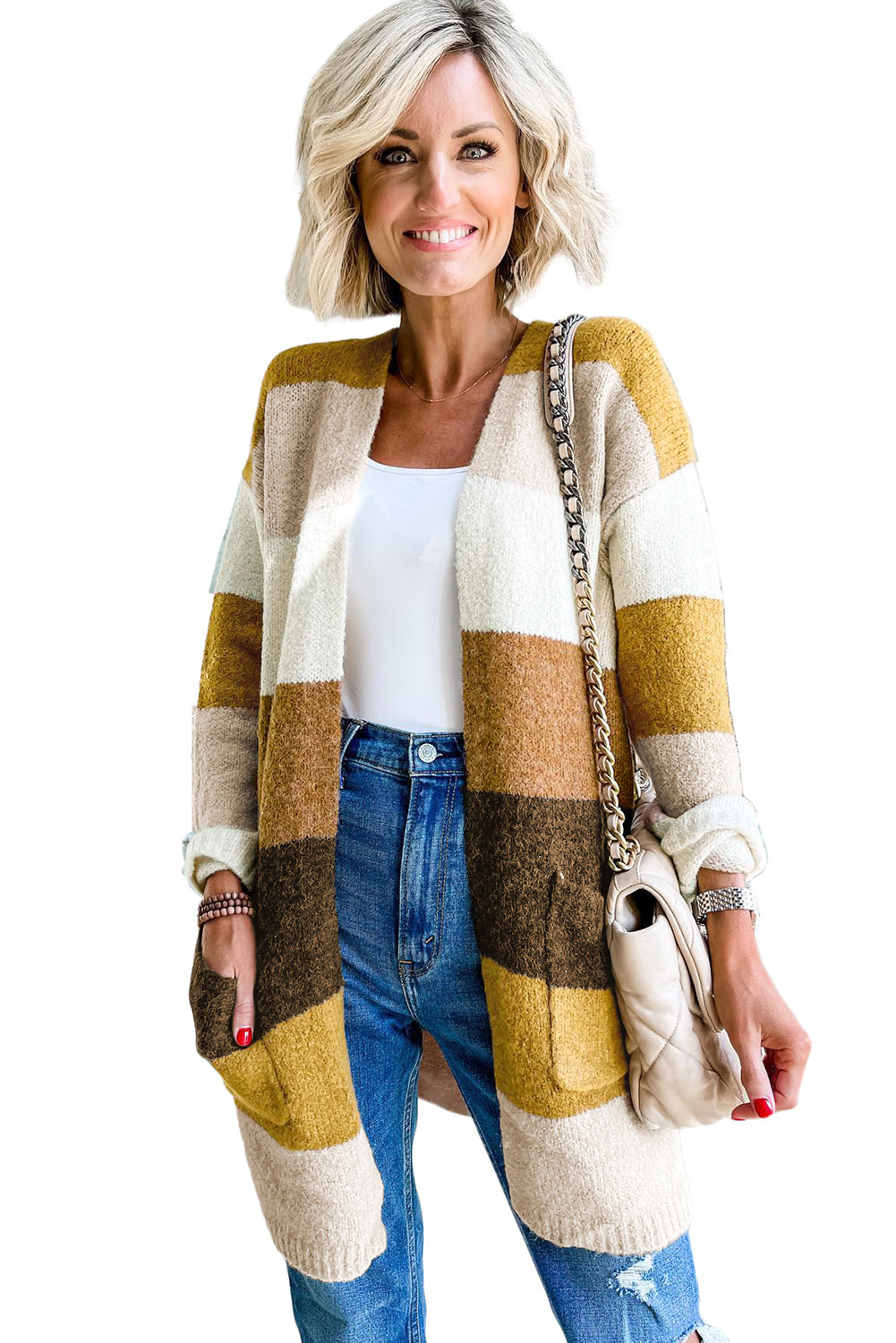 Colorblock Open Front Pocketed Cardigan