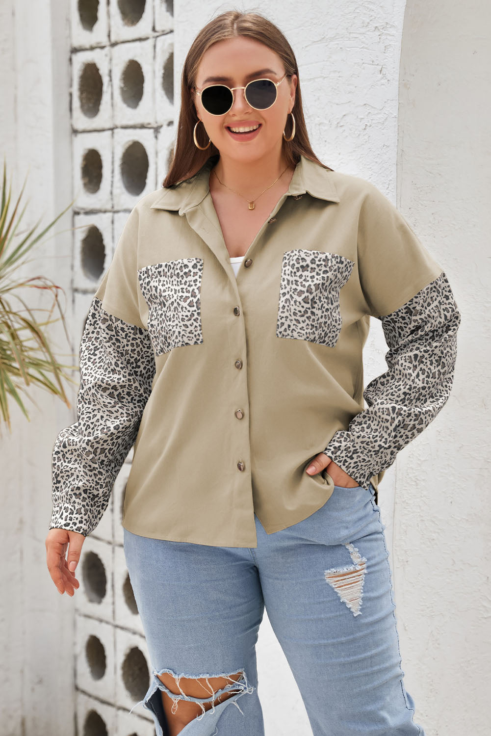 Plus Size Leopard Patchwork Shacket