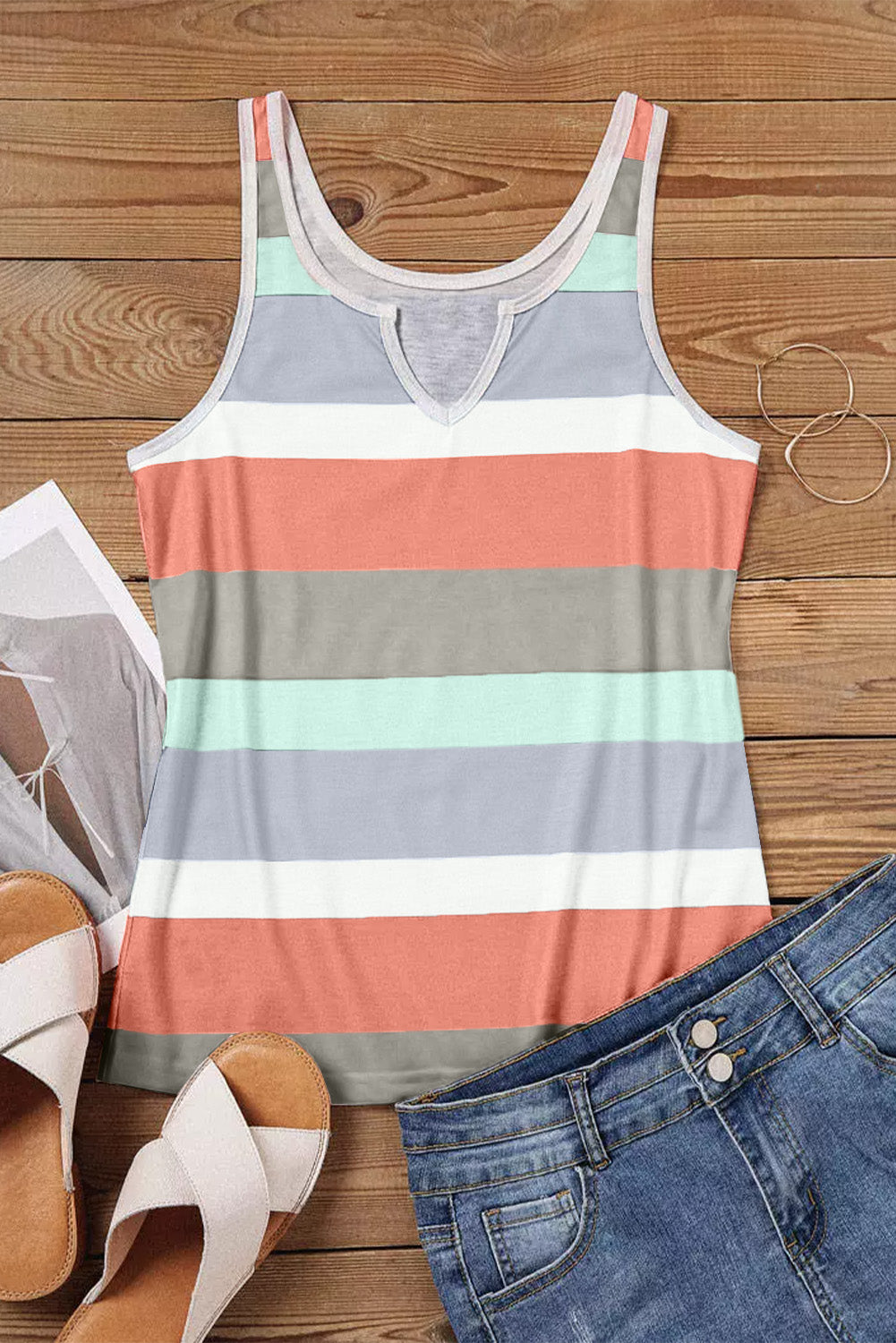 Striped Color Block Notched Neck Tank Top