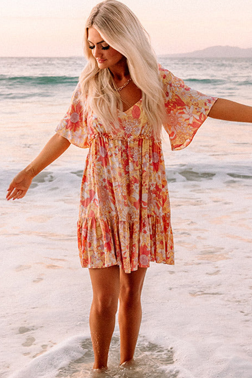 Wide Flutter Sleeve Floral Dress