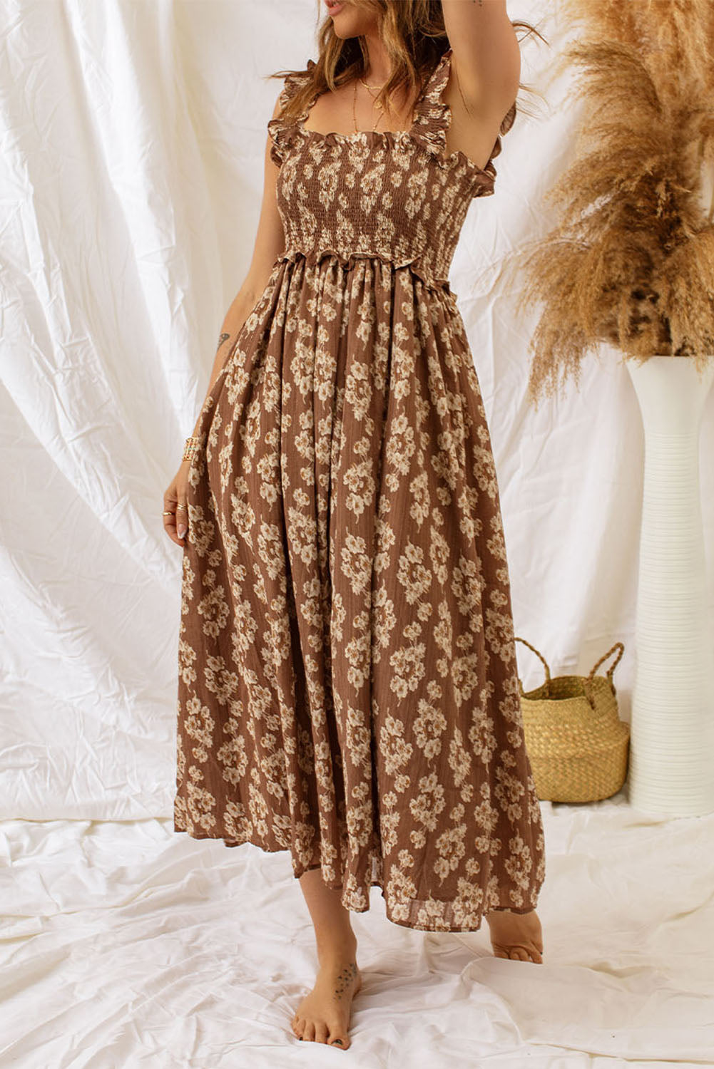 Brown Ruffled Straps Smocked Floral Maxi Dress