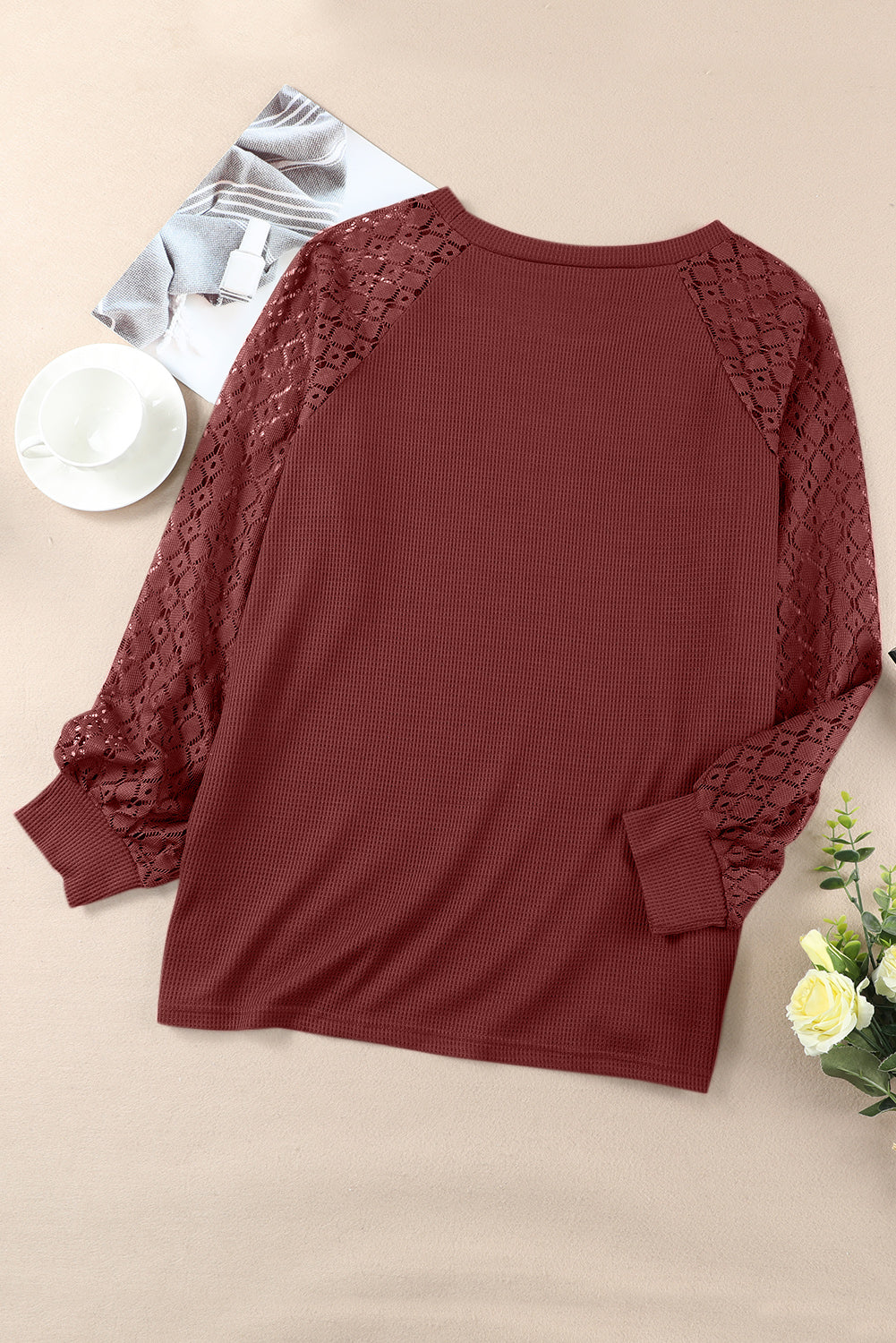 Khaki Lace Long Sleeve Textured Pullover