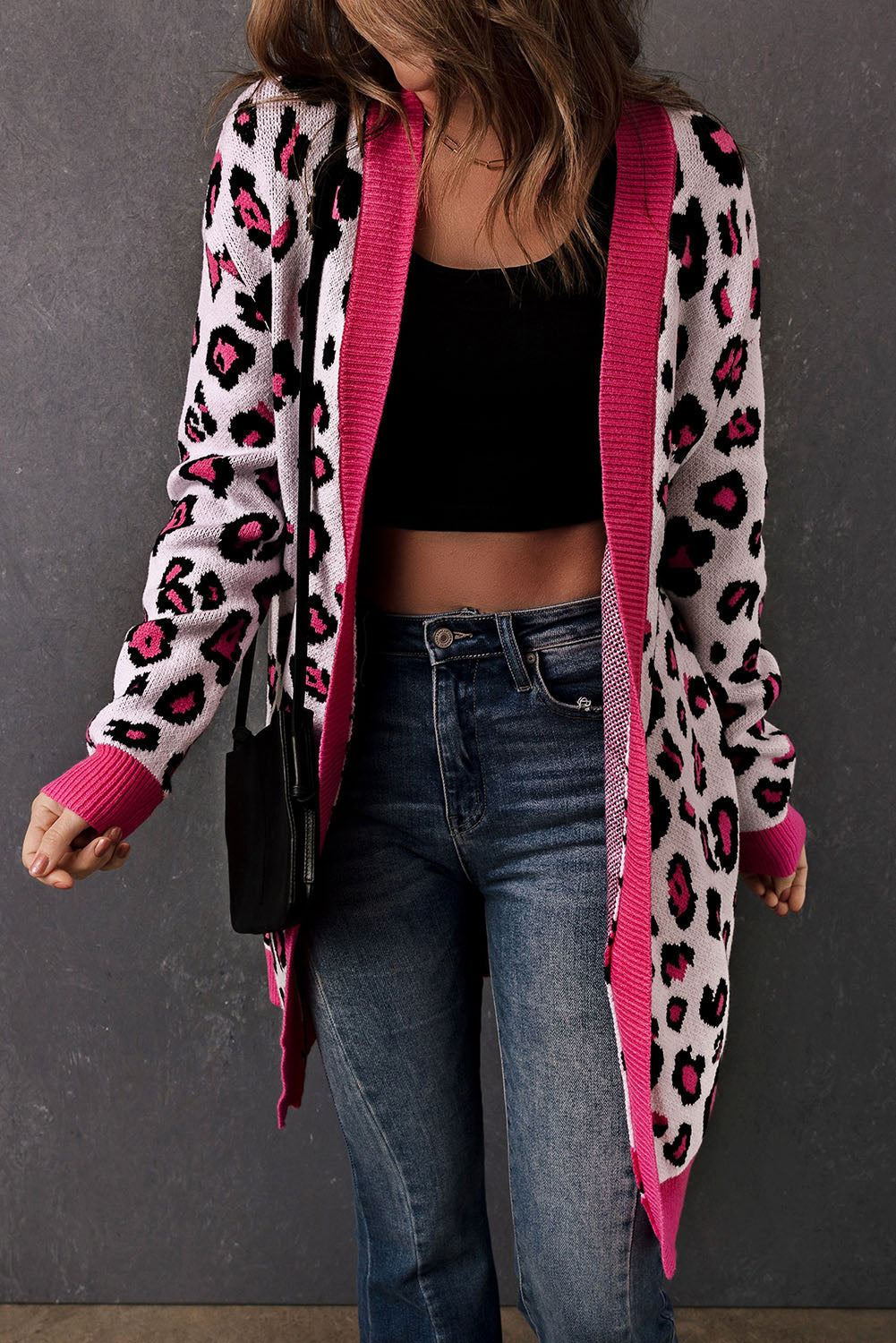 Leopard Ribbed Trim Knitted Open Front Long Cardigan