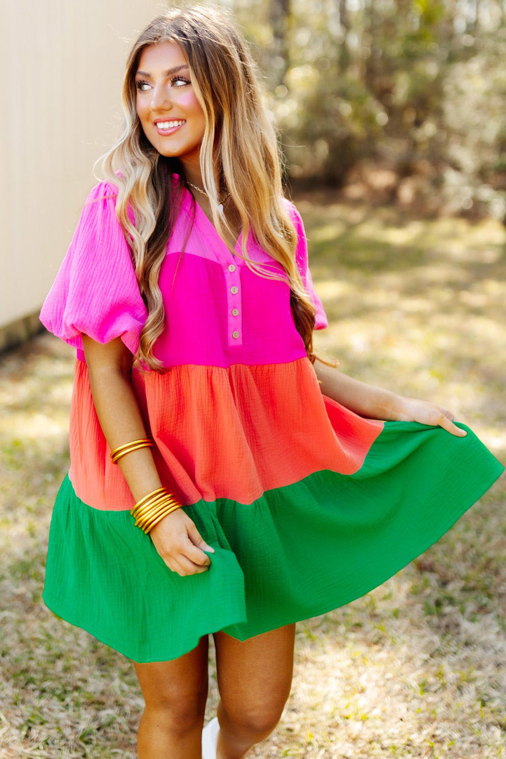 Multicolor Crinkle Bubble Sleeve Color Block Blouse