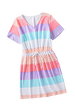 Striped Drawstring V Neck T Shirt Dress