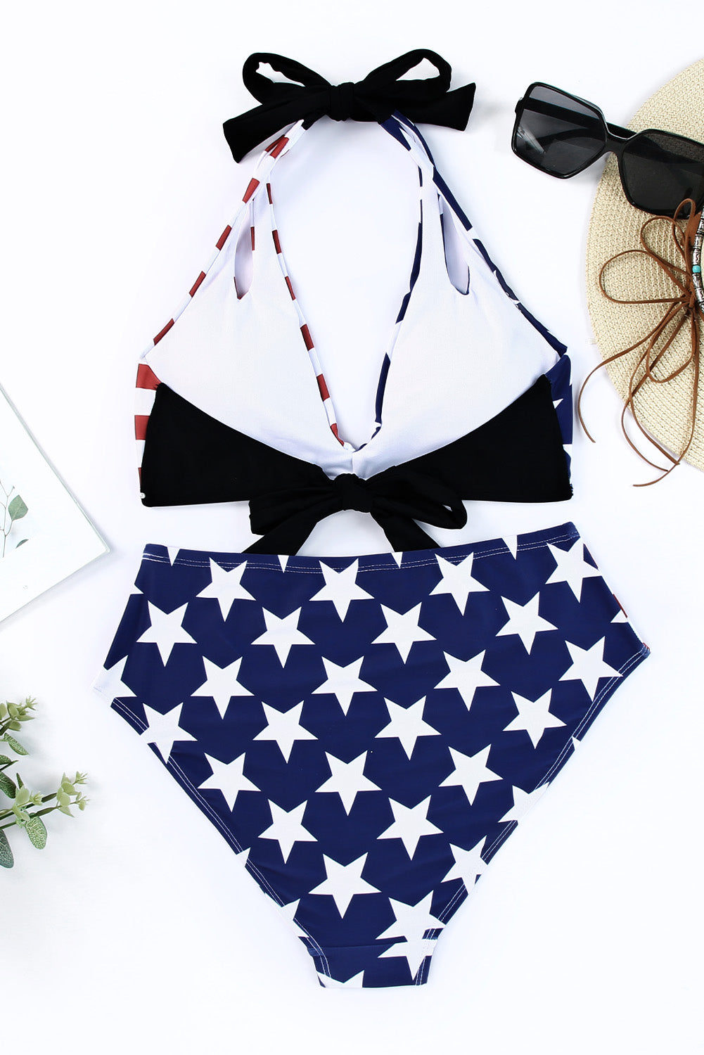 Stars and Stripes Patchwork Flag Pattern Bikini Swimsuit