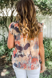 Abstract Print V Neck Shirred Ruffled Sleeveless Top