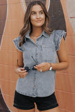 Beau Blue Frayed Ruffle Sleeve Denim Shirt