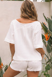 Relaxed V Neck Blouse and Drawstring Raw Hem Shorts Set