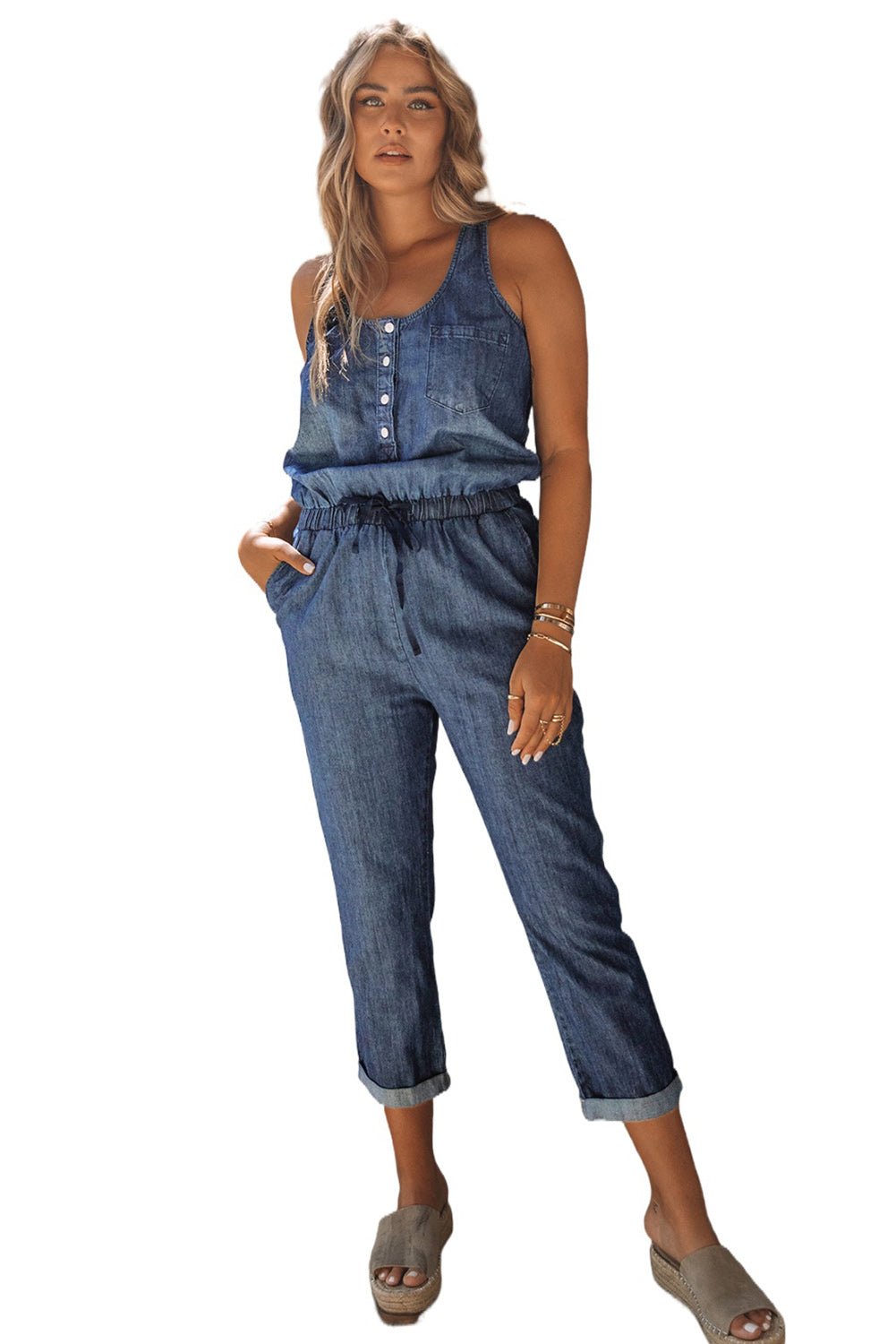 High Waist Buttons Sleeveless Denim Romper