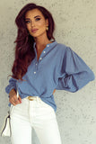 Solid Textured Buttoned Front Bubble Sleeve Blouse