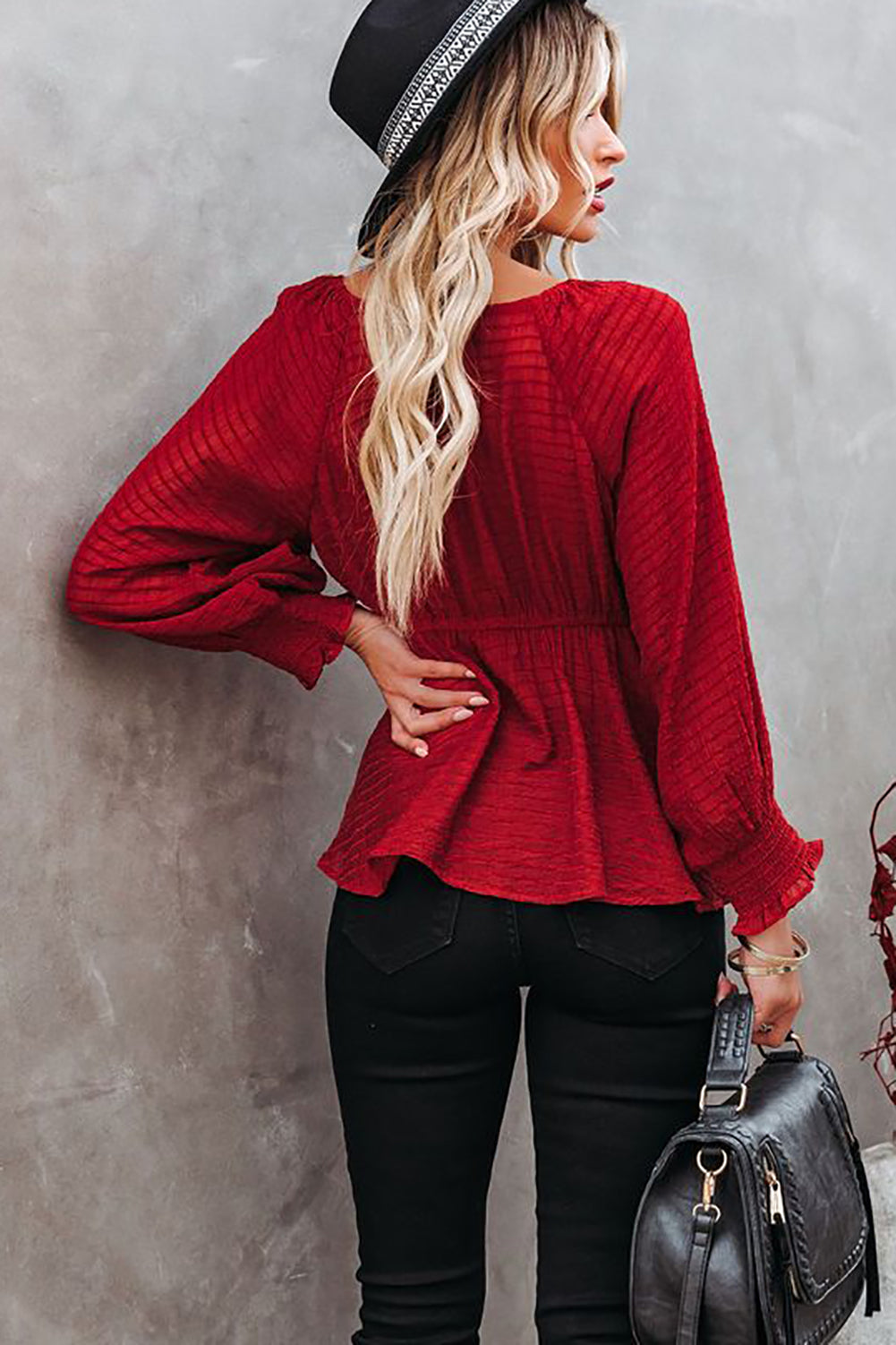 Textured Tie Front Peplum Blouse