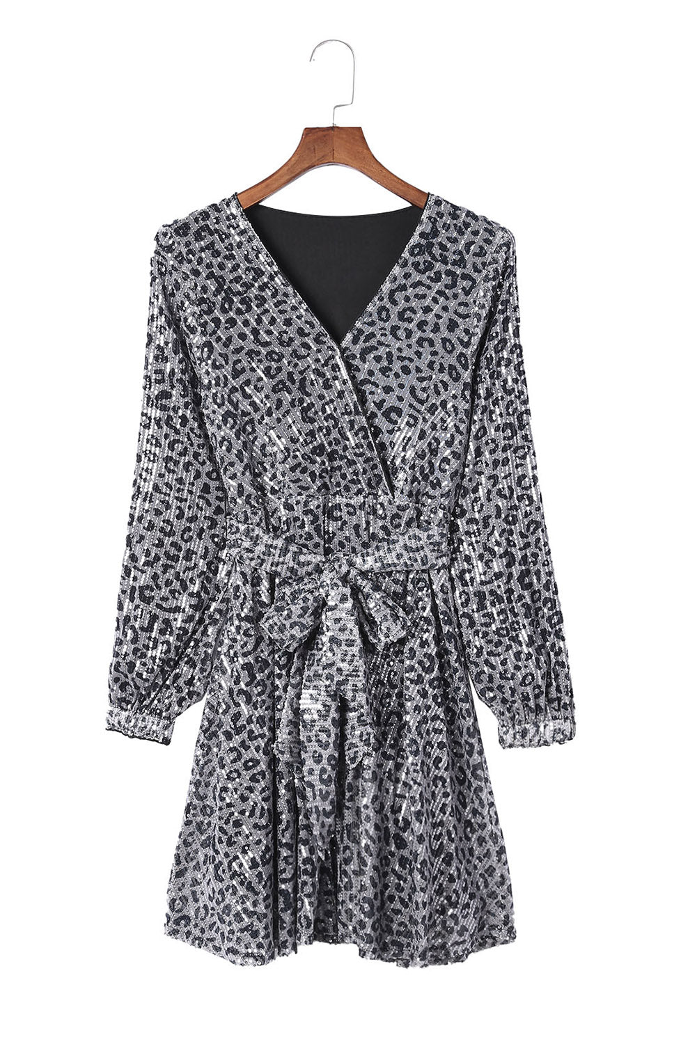 Leopard Sequins V Neck Wrap Dress with Tie