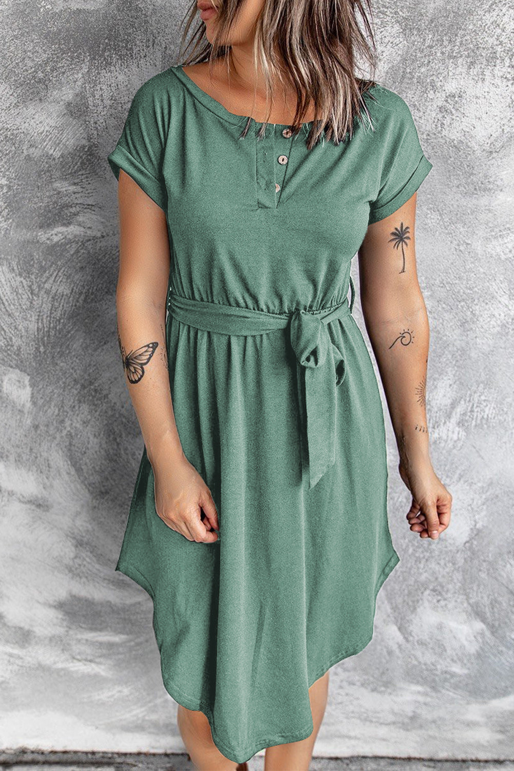 Buttons Crewneck Lace-up High Waist Mini Dress