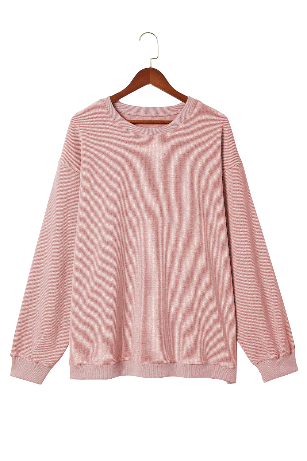 Pink Solid Ribbed Knit Round Neck Pullover Sweatshirt