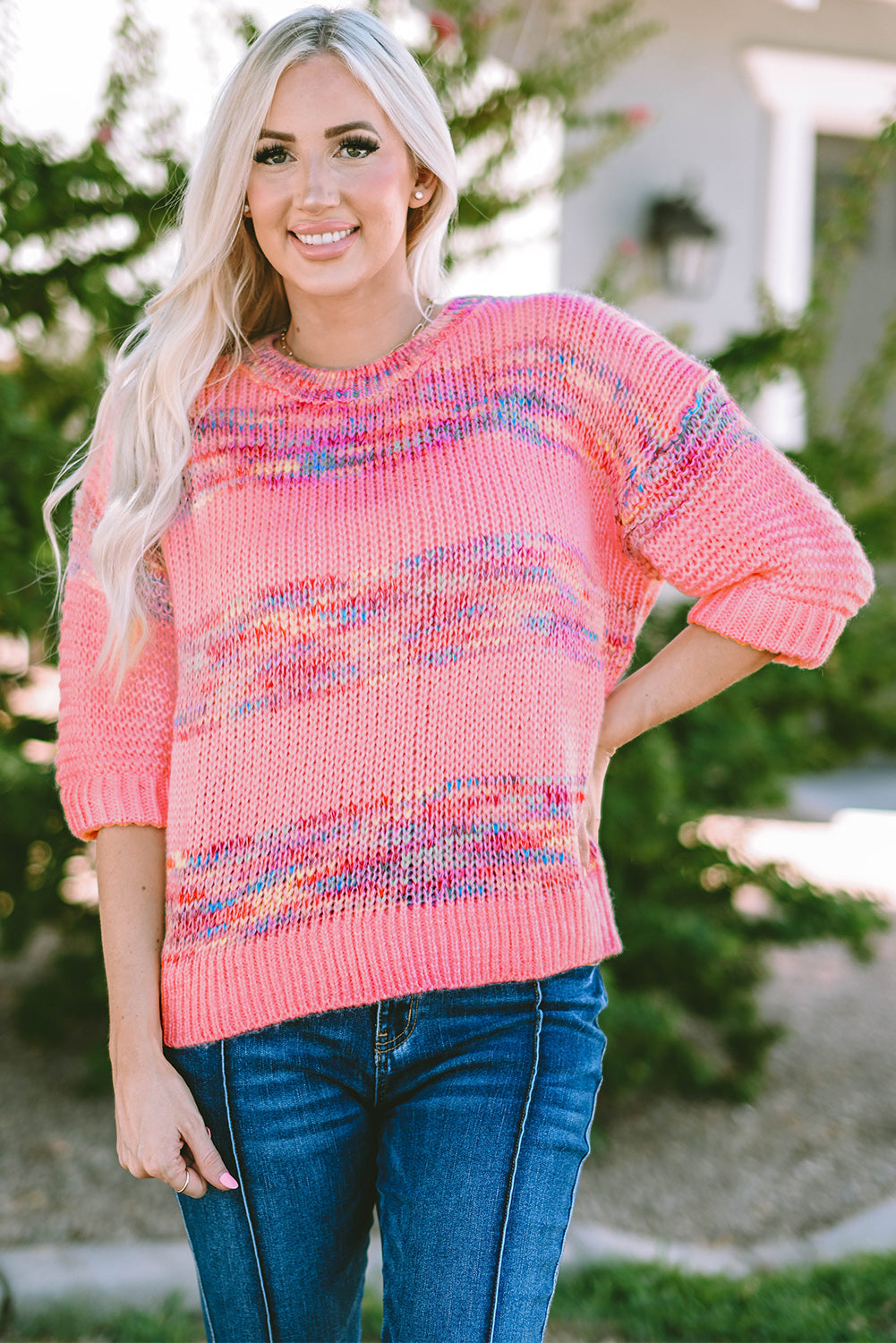 Colorful Stripes 3/4 Sleeve Loose Sweater